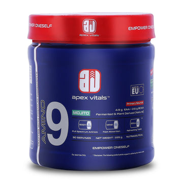 Apex Vitals Amino 9. All 9 essential amino acid.| Pre/Intra Workout Supplement. 4.9g EAA+2.6g BCAA. Natural & Fermented Plant Derived.  225g - 30 servings